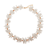 AURA DUO sunstone Biwa-style stick pearl necklace with gold spacer beads, showcasing elegance and natural movement.