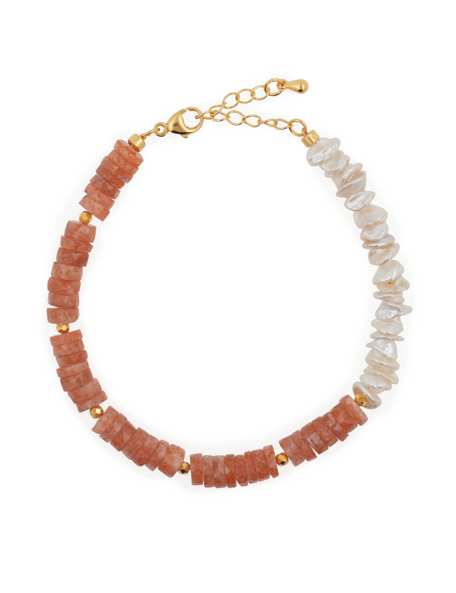 AURA DUO Sunstone Pearl Bracelet with spacer beads, featuring vibrant sunstone and elegant pearls.