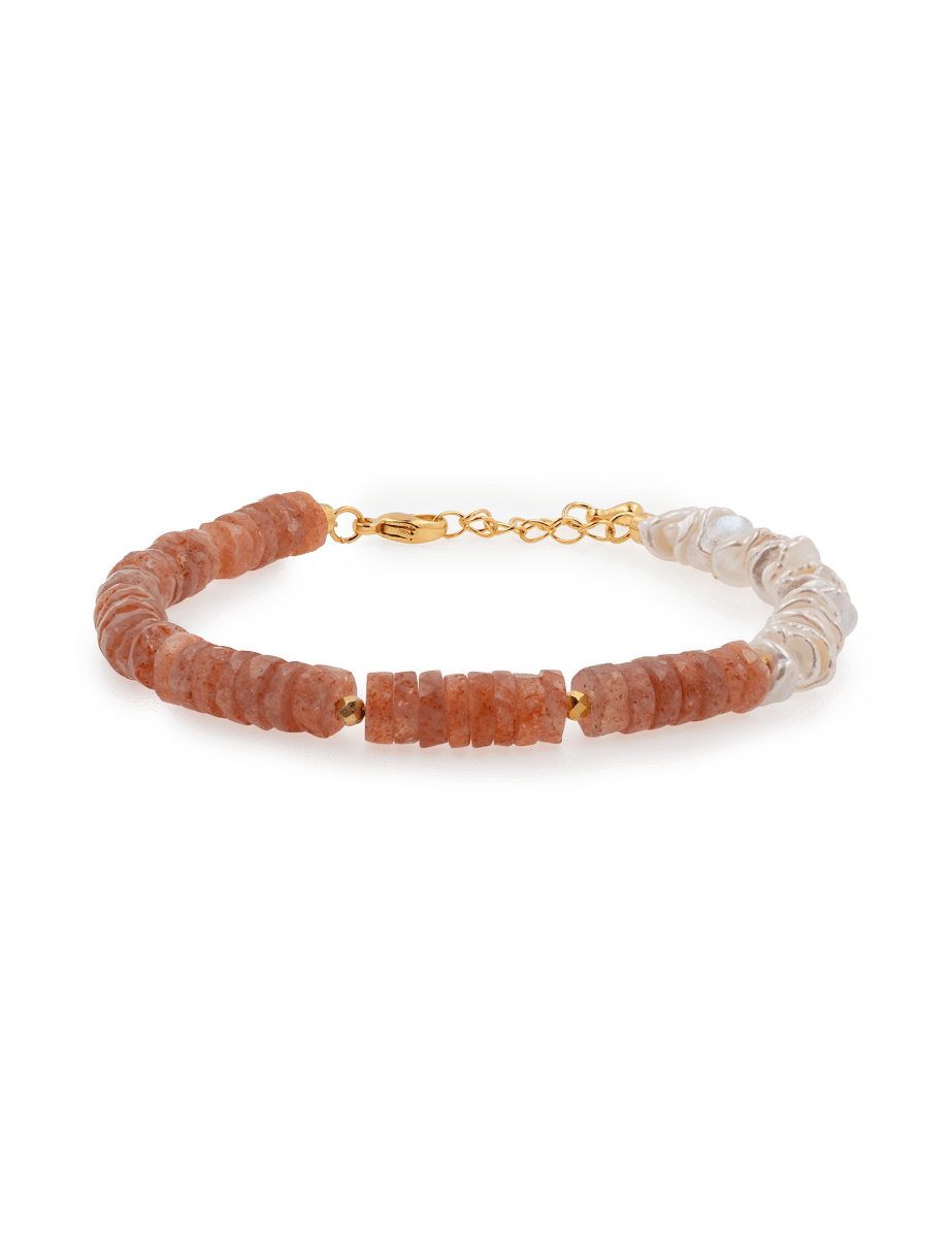 AURA DUO Sunstone Pearl Bracelet featuring sun stone and pearl beads with gold spacer beads.