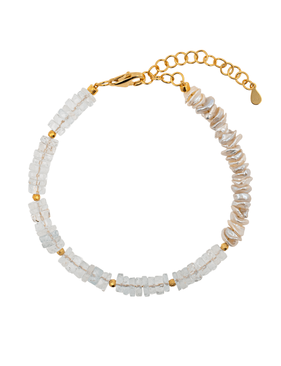 AURA DUO Topaz Pearl Faceted Necklace with gold-plated spacer beads, showcasing a blend of elegance and sophistication.