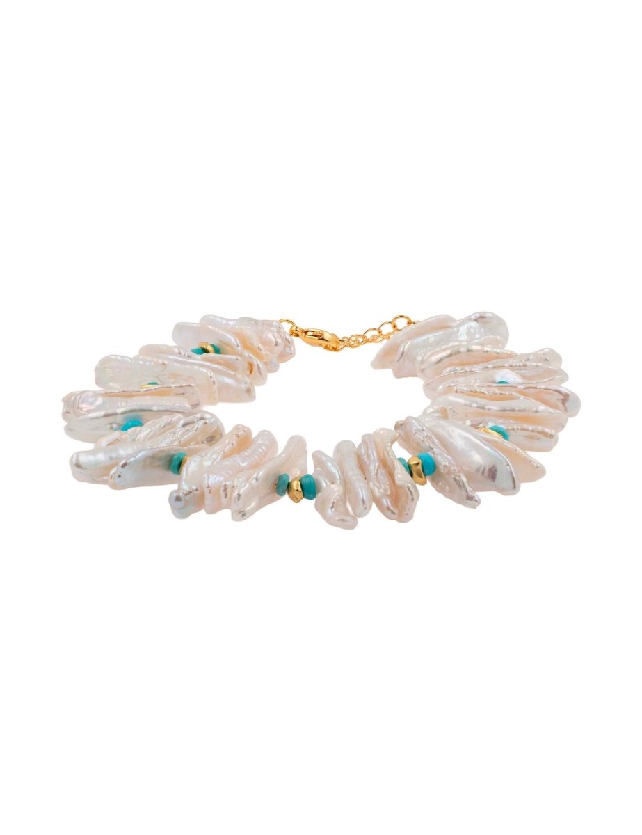 BEAMMORE Turquoise & Biwa Pearl Beaded Gold-Plated Sterling Silver Bracelet – Beaded Gemstone Jewelry