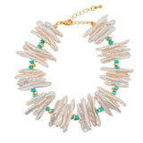 AURA DUO Turquoise Biwa-Style Stick Pearl Bracelet with Spacer Beads