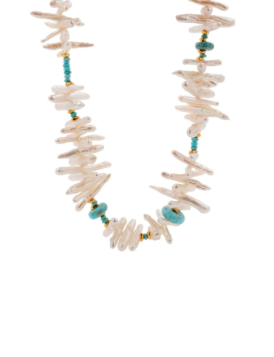 BEAMMORE Turquoise & Biwa Pearl Beaded Gold-Plated Sterling Silver Necklace – Beaded Gemstone Jewelry