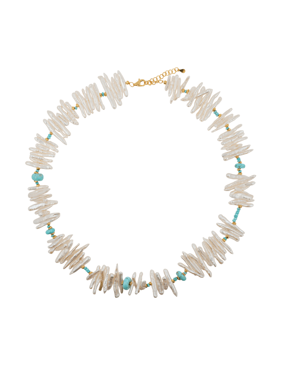 AURA DUO Turquoise Biwa-style stick pearl necklace with 3mm spacer beads, featuring a vibrant and elegant design.