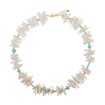 AURA DUO Turquoise Biwa-style stick pearl necklace with 3mm spacer beads, featuring a vibrant and elegant design.