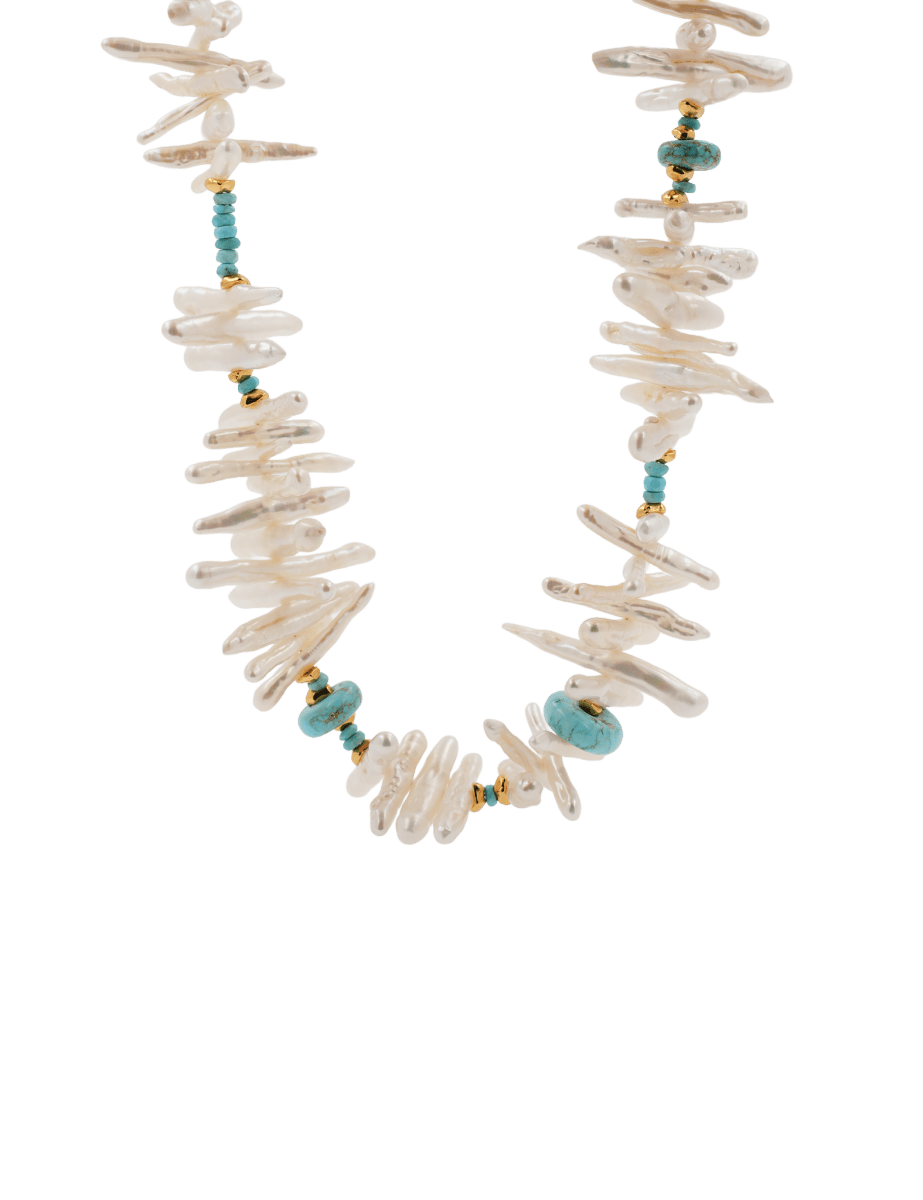 Turquoise Biwa-style stick pearl necklace with 3mm beads, featuring gold-plated spacer beads for elegance.