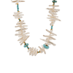 Turquoise Biwa-style stick pearl necklace with 3mm beads, featuring gold-plated spacer beads for elegance.