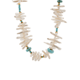 Turquoise Biwa-style stick pearl necklace with 3mm beads, featuring gold-plated spacer beads for elegance.