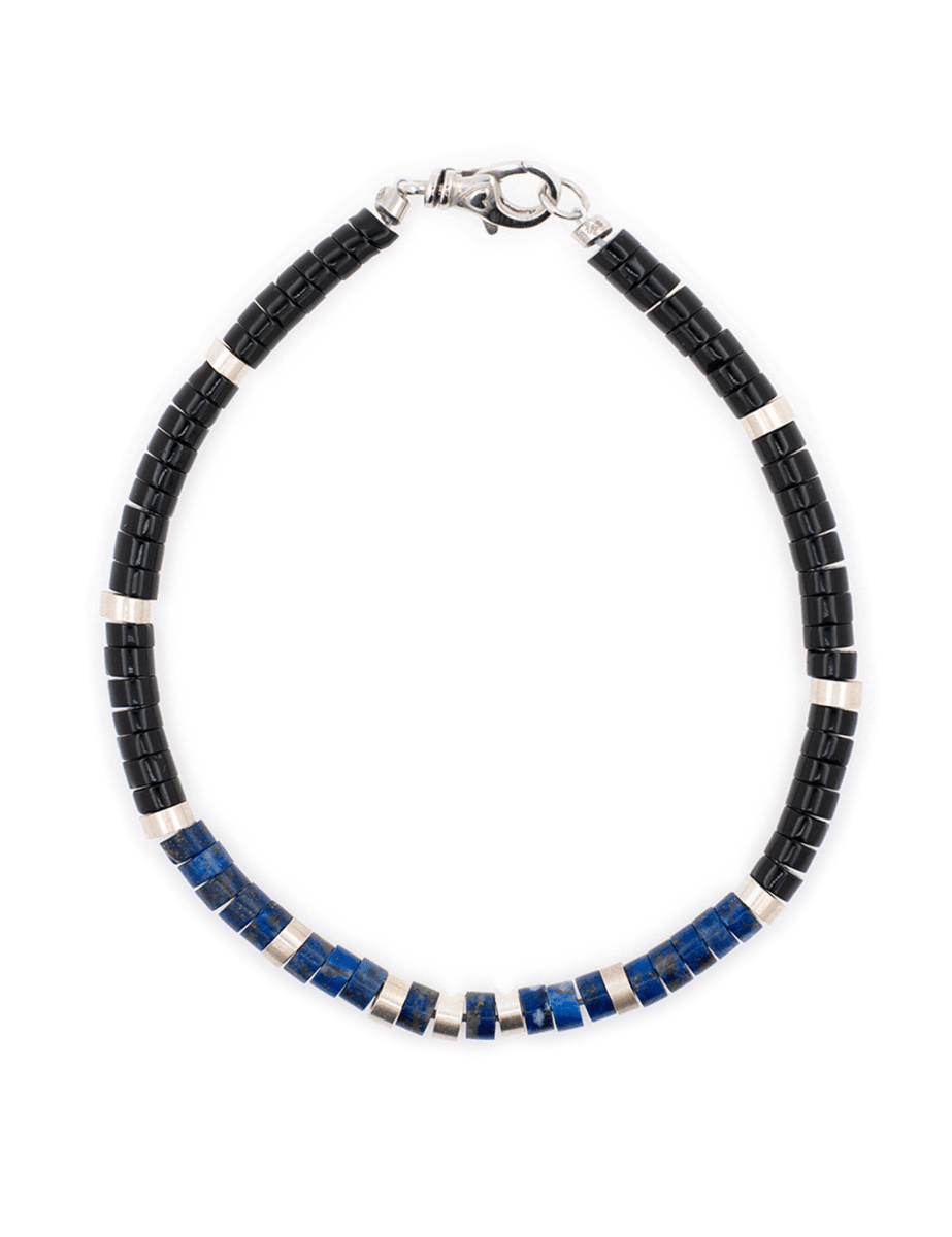 Lapis Lazuli and Black Onyx bracelet with sterling silver spacers, handcrafted for men, promoting balance and stability.