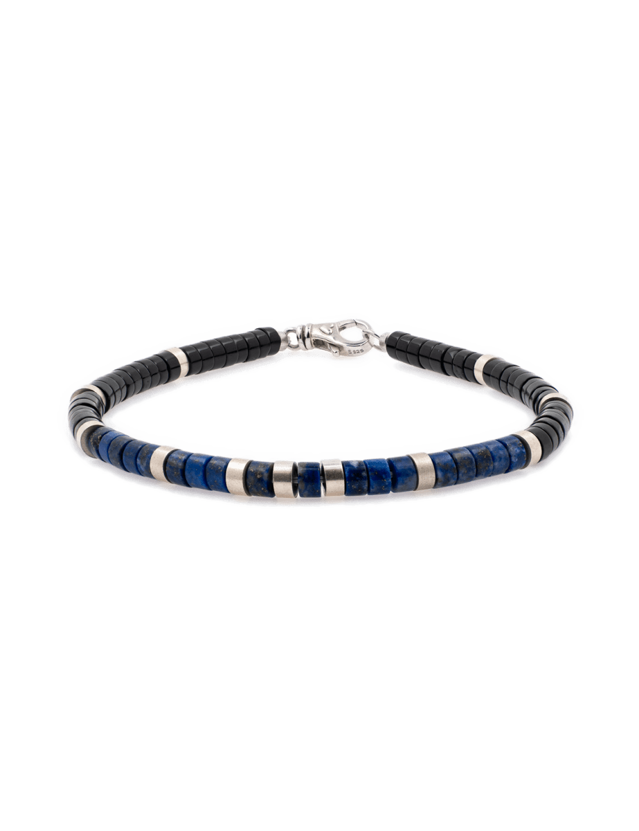 Lapis Lazuli and Black Onyx bracelet with sterling silver spacer beads, 4x2mm, handcrafted for men.