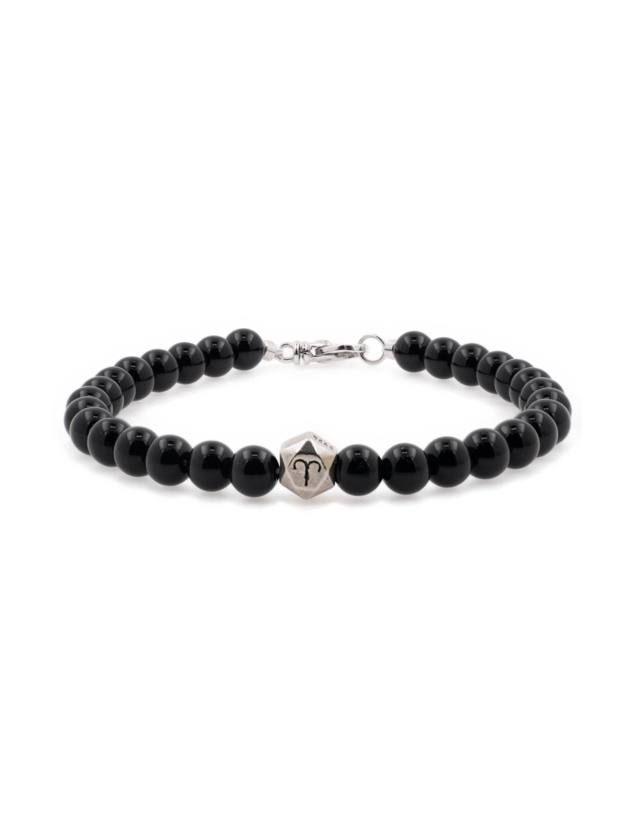 Black onyx bracelet with sterling silver zodiac spacer beads, 6mm handcrafted for men, offering protection and strength.