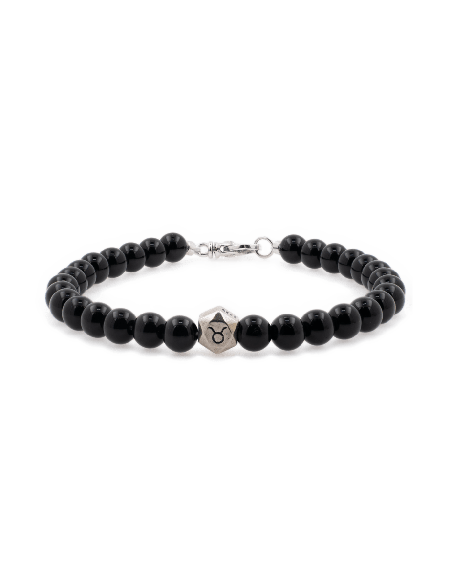 Black onyx bracelet with sterling silver zodiac spacer beads, 6mm beads for men, symbolizing protection and strength.