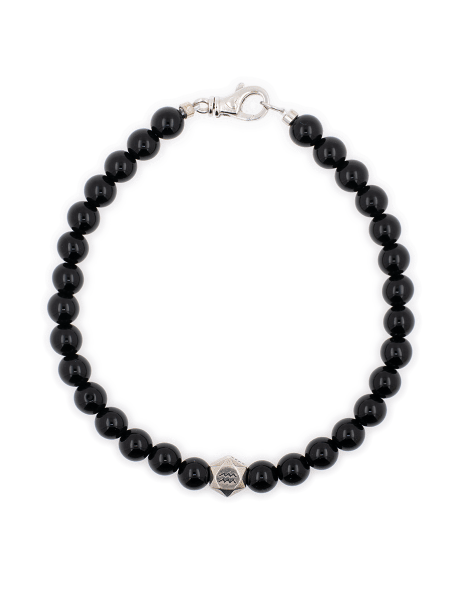 Black onyx bracelet with 6mm beads and sterling silver zodiac spacer beads for men.