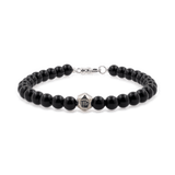 Black onyx bracelet with sterling silver zodiac spacers, 6mm beads, designed for protection and emotional balance.