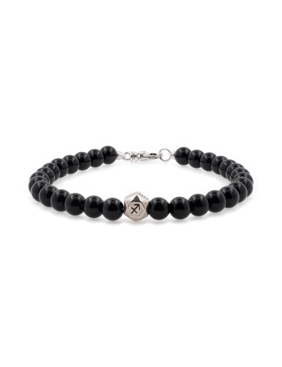Black onyx bracelet with sterling silver zodiac spacer beads for men, handcrafted and designed for strength.