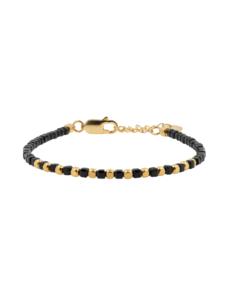 Black onyx faceted dainty bracelet with gold-plated S925 beads, stylish and lightweight accessory.