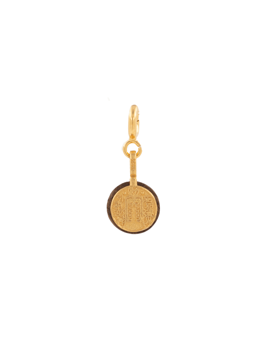 Blessing engraved pattern round disc charm in gold, symbolizing good fortune and positivity.