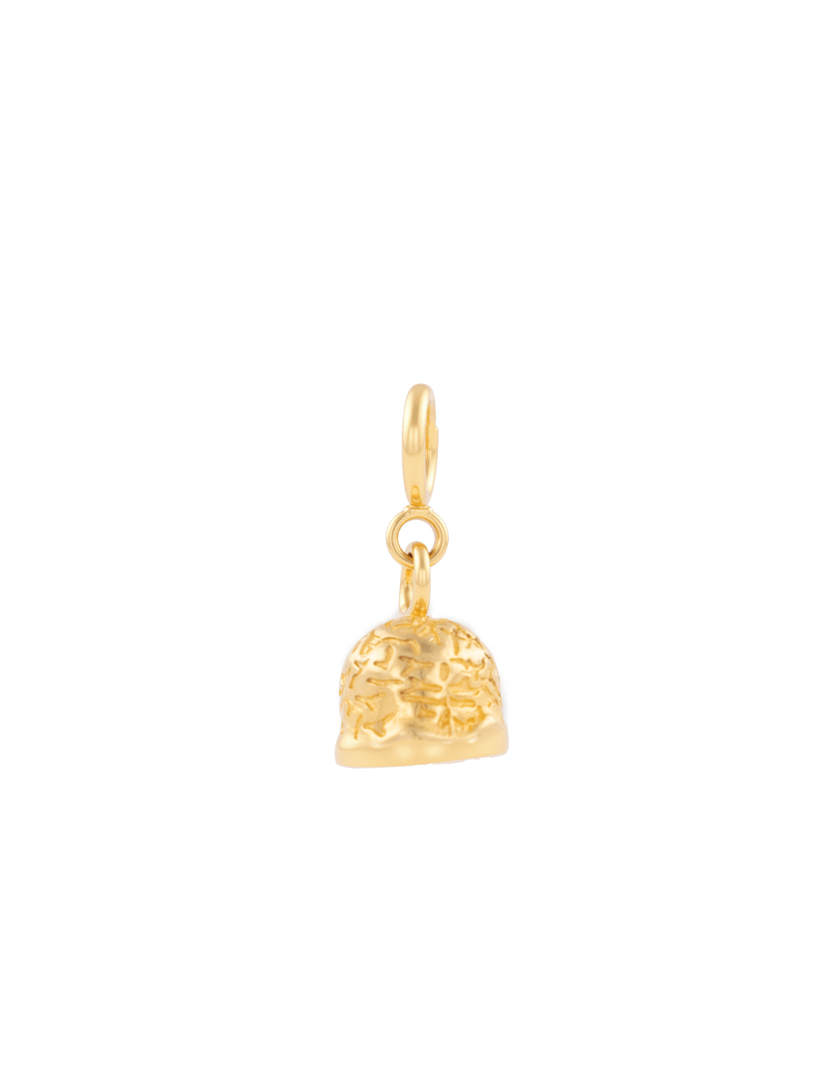 Gold patterned bell charm crafted from 925 sterling silver symbolizing joy and prosperity.
