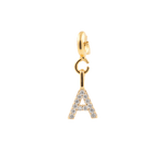 Gold letter A charm adorned with sparkling zircon stones, perfect for personal expression and unique style.