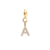 Gold letter A charm adorned with sparkling zircon stones, perfect for personal expression and unique style.