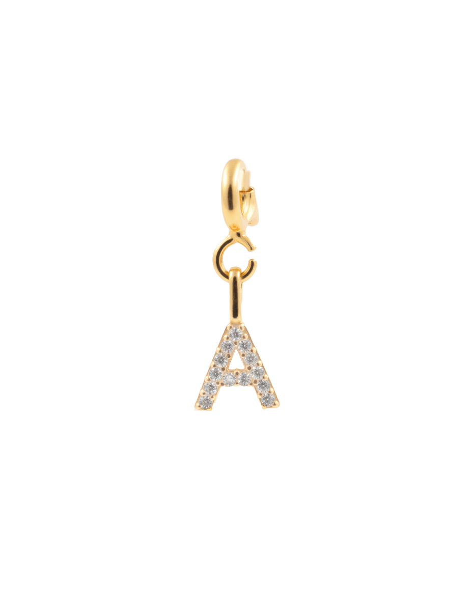 Gold letter A charm adorned with sparkling zircon stones, perfect for personal expression and unique style.