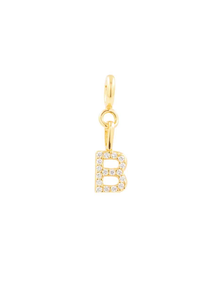 Elegantly crafted gold letter 'B' charm adorned with sparkling zircon stones for personal expression.