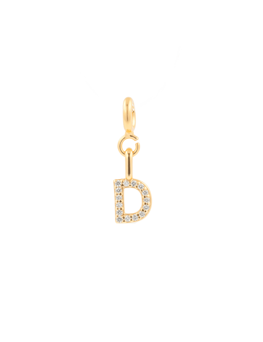 Gold zircon letter charm 'D' on a delicate chain, perfect for personalized jewelry and self-expression.
