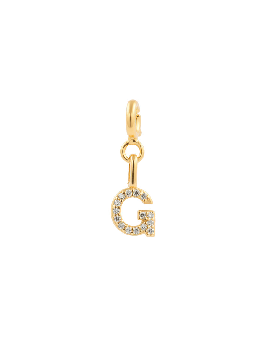 Gold letter 'G' charm with sparkling zircon stones, perfect for personal expression and style.