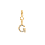 Gold letter 'G' charm with sparkling zircon stones, perfect for personal expression and style.