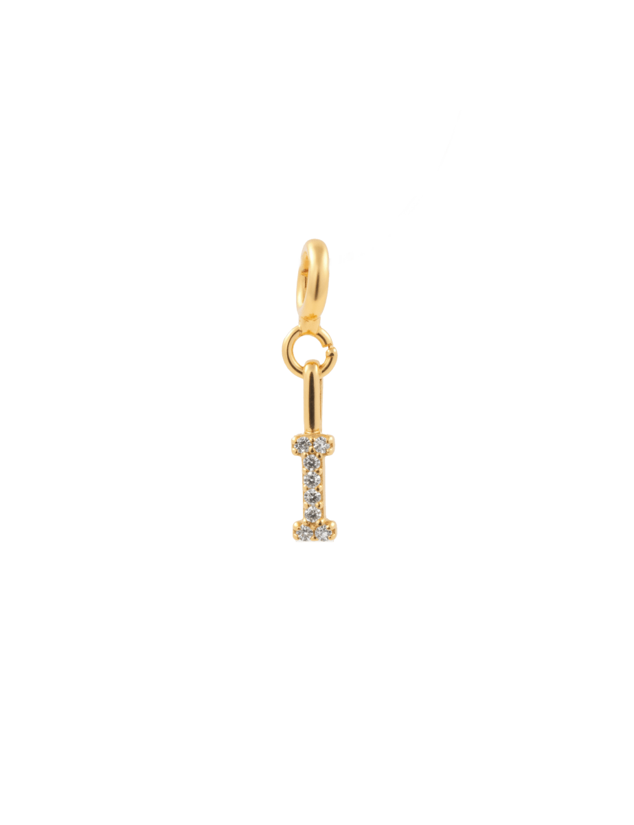 Gold letter 'I' charm adorned with sparkling zircon stones, perfect for personal expression and individuality.