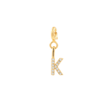 Gold zircon letter charm 'K' featuring a sparkling design, perfect for personal expression and individuality.