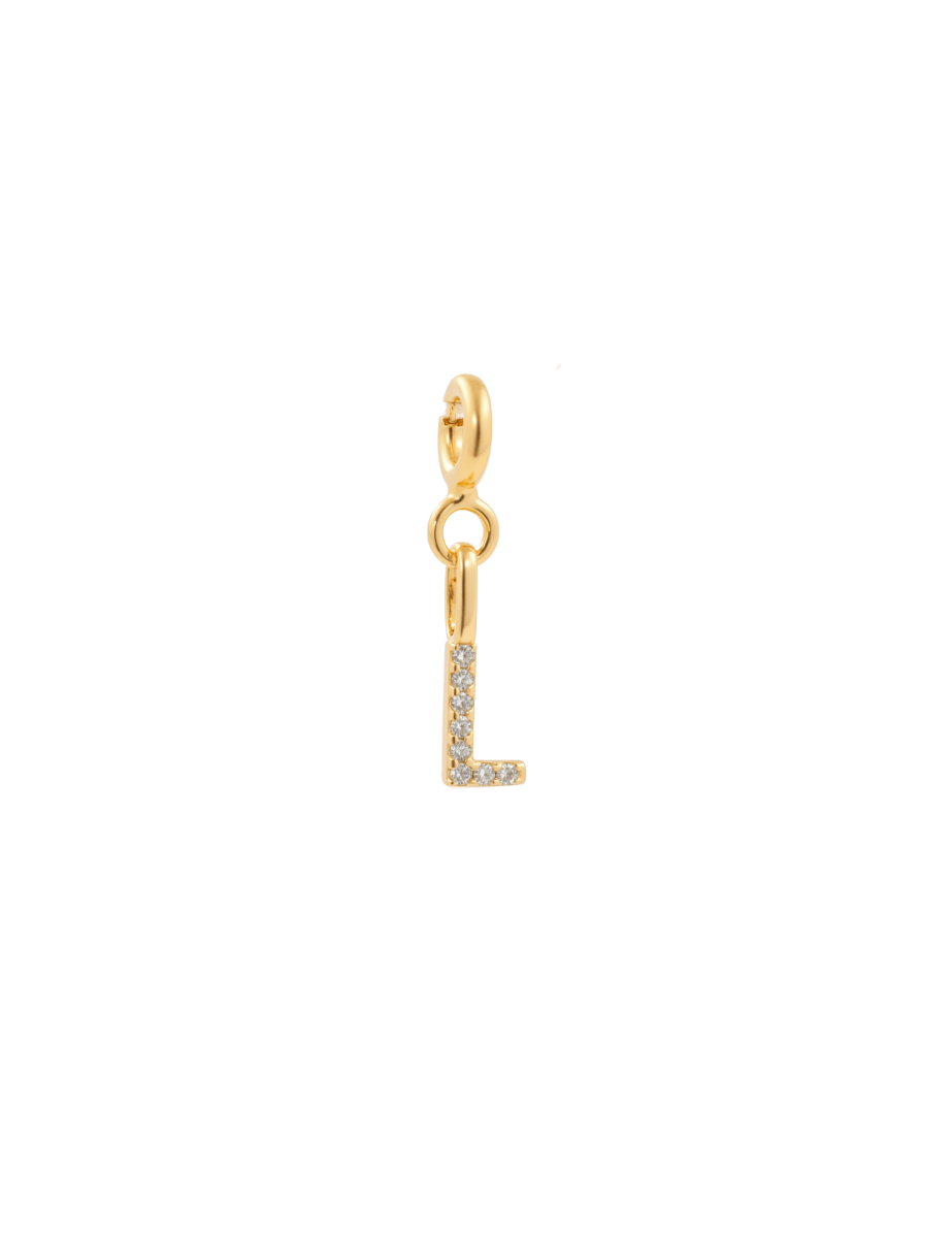 Gold zircon letter charm 'L' featuring sparkling stones for personalized jewelry and self-expression.