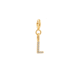 Gold zircon letter charm 'L' featuring sparkling stones for personalized jewelry and self-expression.
