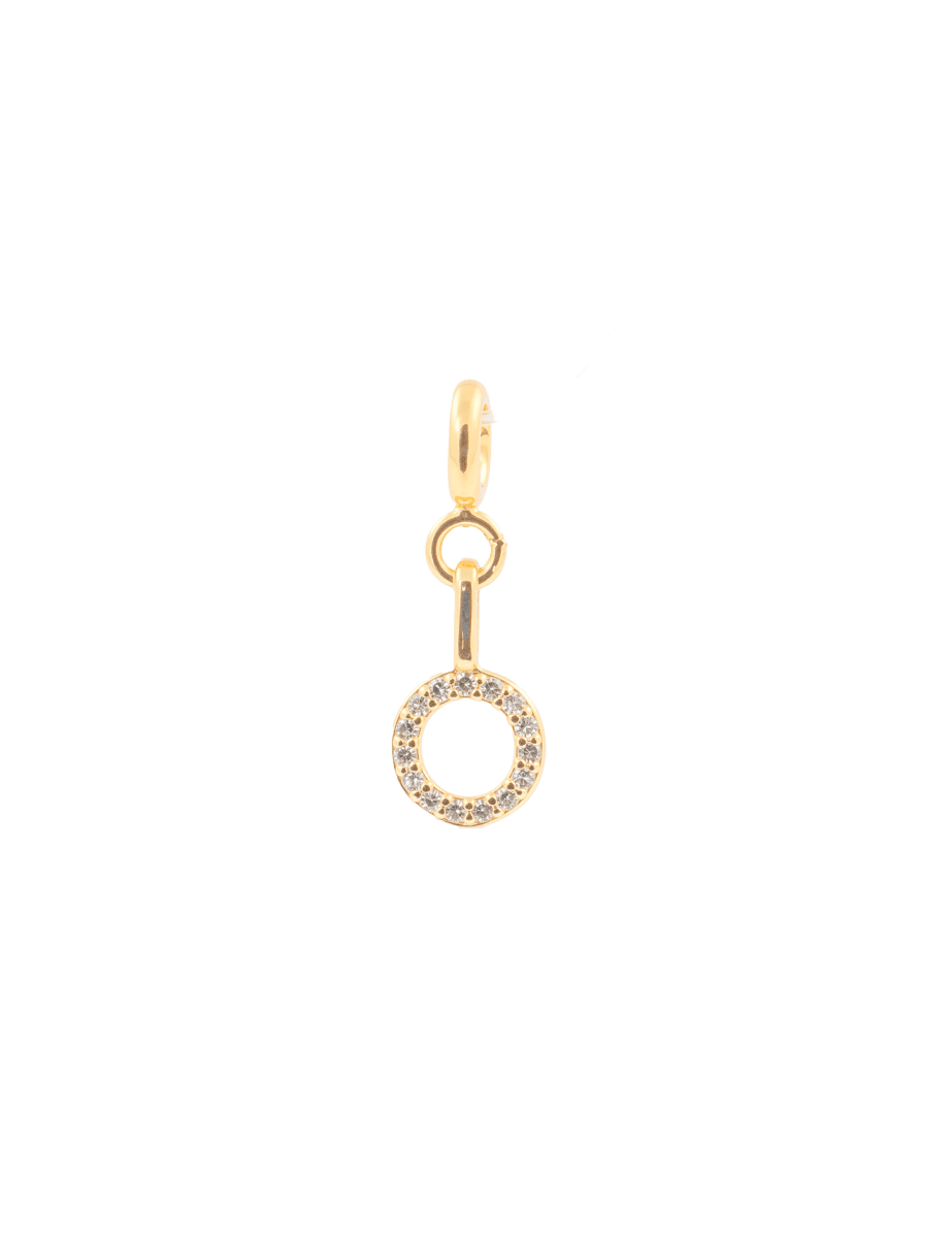 Zircon Letter Charm in gold with sparkling zircon stones, showcasing a unique circular design for personal expression.