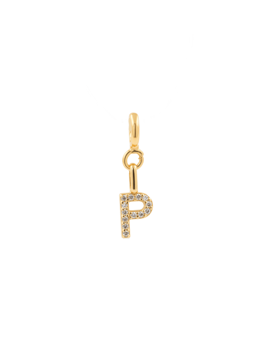 Gold Zircon letter charm 'P' adorned with sparkling stones, perfect for personal expression and individuality.