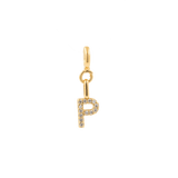 Gold Zircon letter charm 'P' adorned with sparkling stones, perfect for personal expression and individuality.