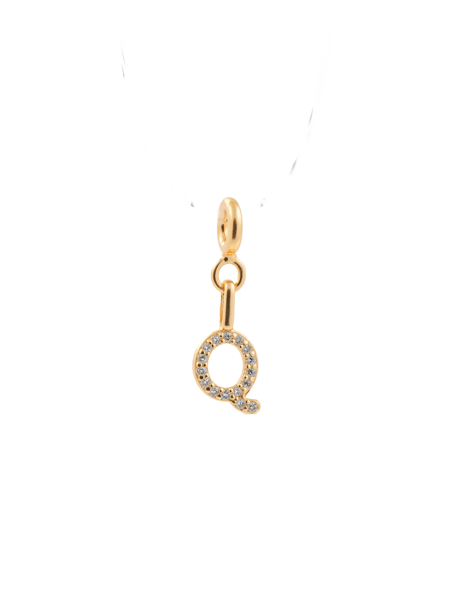 Gold letter Q charm necklace adorned with sparkling zircon stones for personal expression and style.