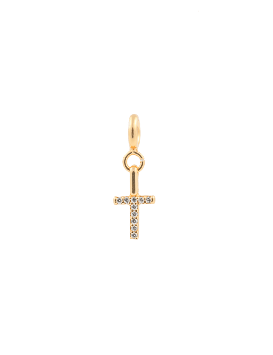 Gold cross charm with zircon stones, symbolizing faith and elegance, perfect for adding a personal touch to any jewelry collection.
