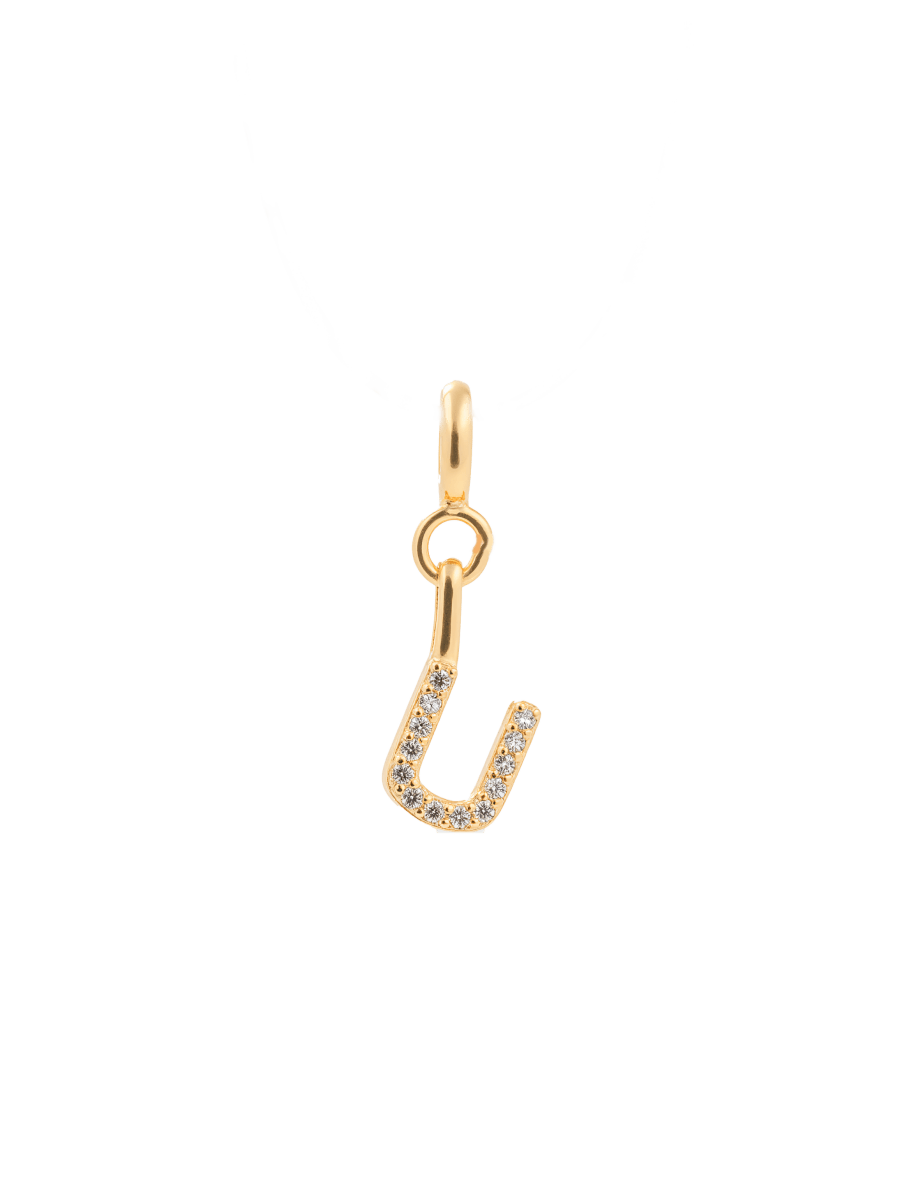 Gold zircon letter charm 'U' featuring a sleek design and sparkling stones for personal expression.