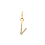 Gold zircon letter charm 'V' showcasing elegant design and sparkle for personalized jewelry.