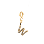 Gold letter 'W' charm adorned with sparkling zircon stones, perfect for personal expression and style.