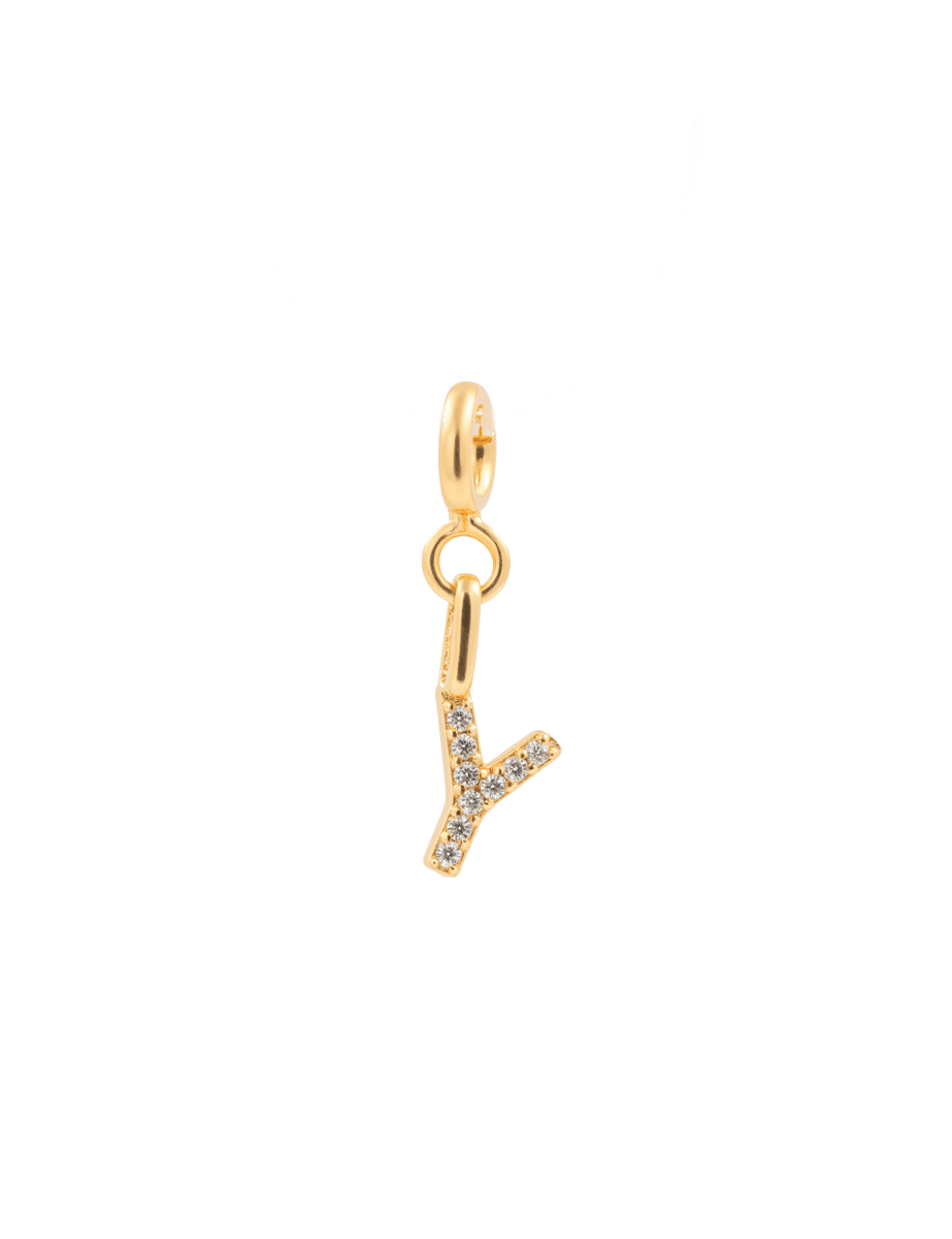 Gold zircon letter charm in 'Y' design, showcasing sparkling stones, perfect for personal expression and individuality.
