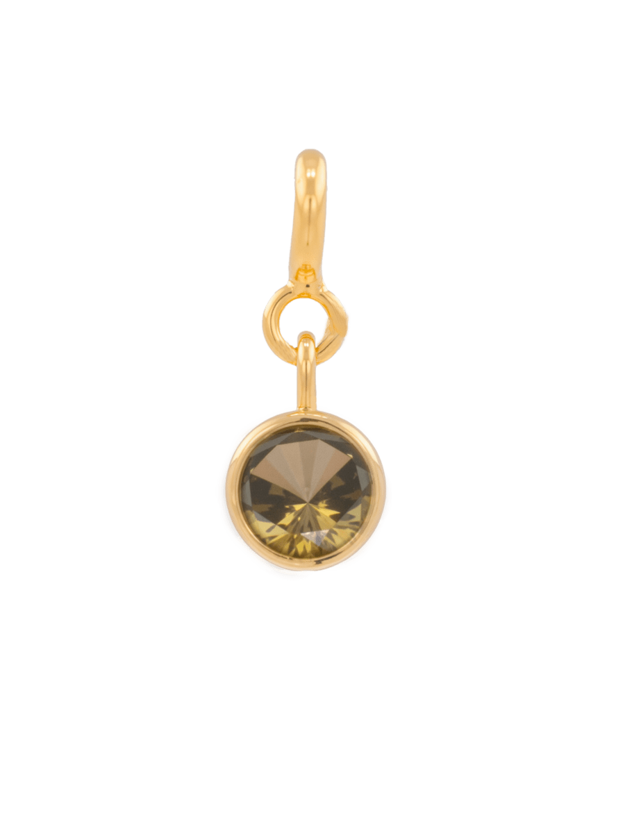 Olive green zircon charm in gold setting, symbolizing blessings and vitality, perfect for August Leo energy.