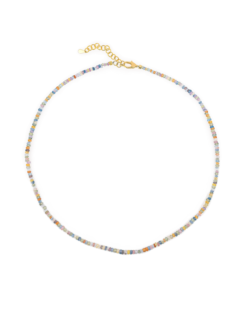 Blessing Rainbow Sapphire Dainty Necklace with 3mm faceted beads, promoting emotional healing and creativity.