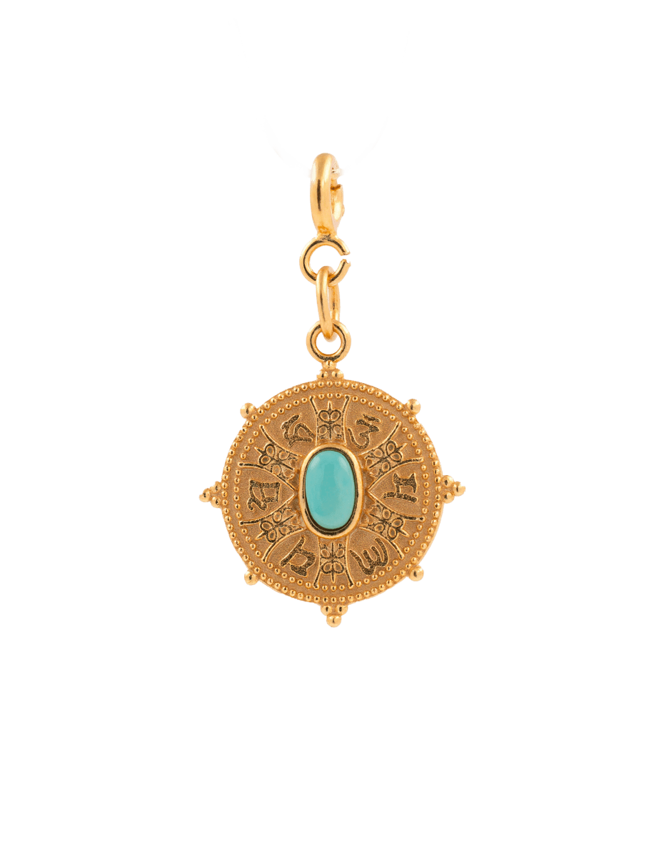 Gold Six Syllable Mantra Charm with turquoise stone, engraved with 'Om Mani Padme Hum' for protection and spiritual harmony.