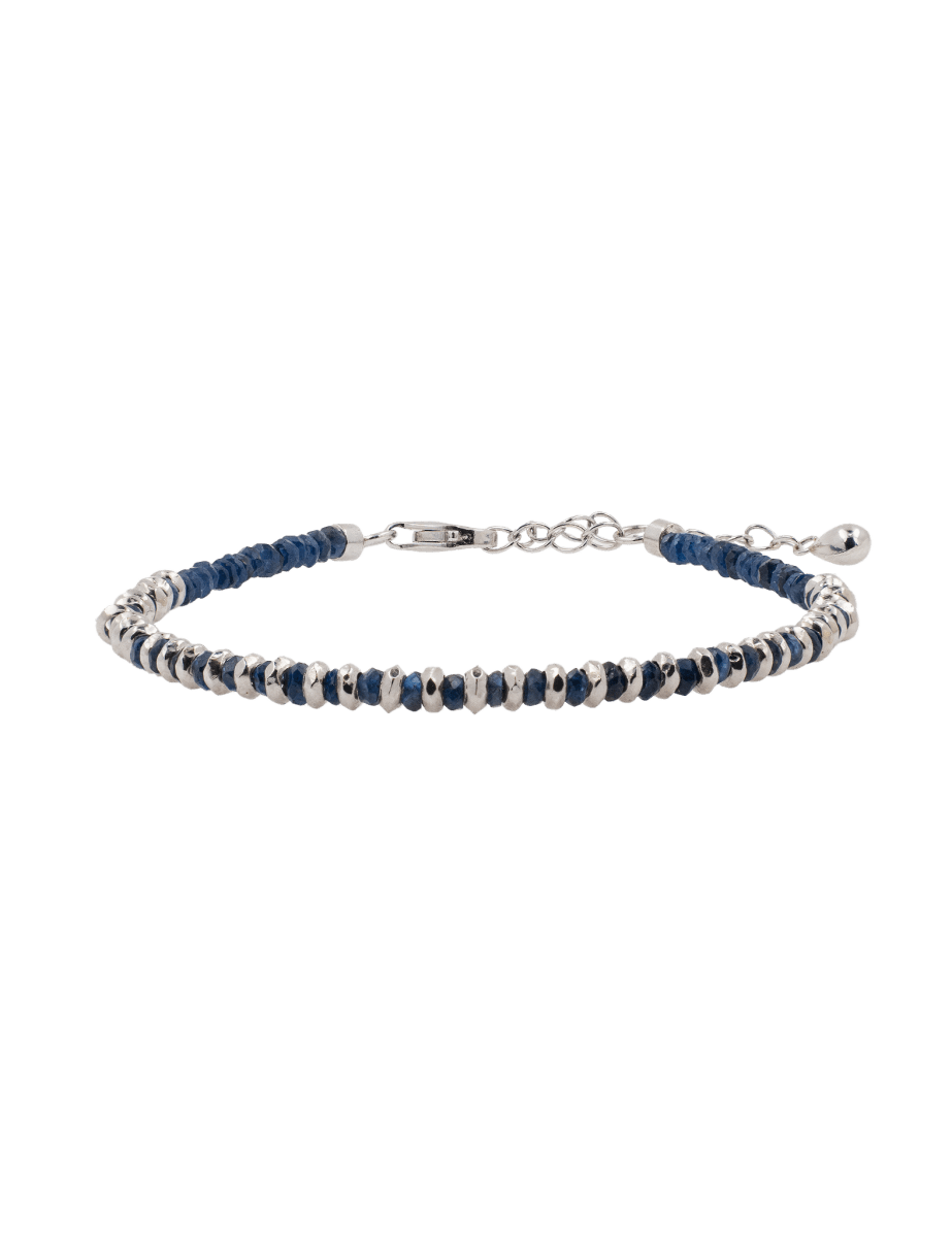 Calm blue sapphire beaded bracelet with S925 sterling silver spacers, elegant and timeless jewelry piece.