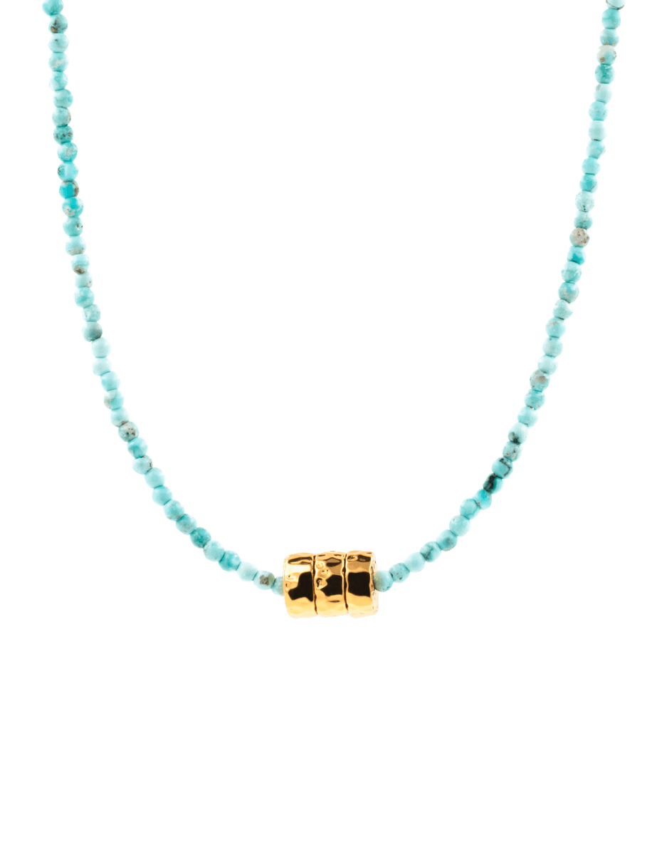 Calming turquoise dainty necklace with gold-plated nugget and artisan texture, perfect for everyday wear.
