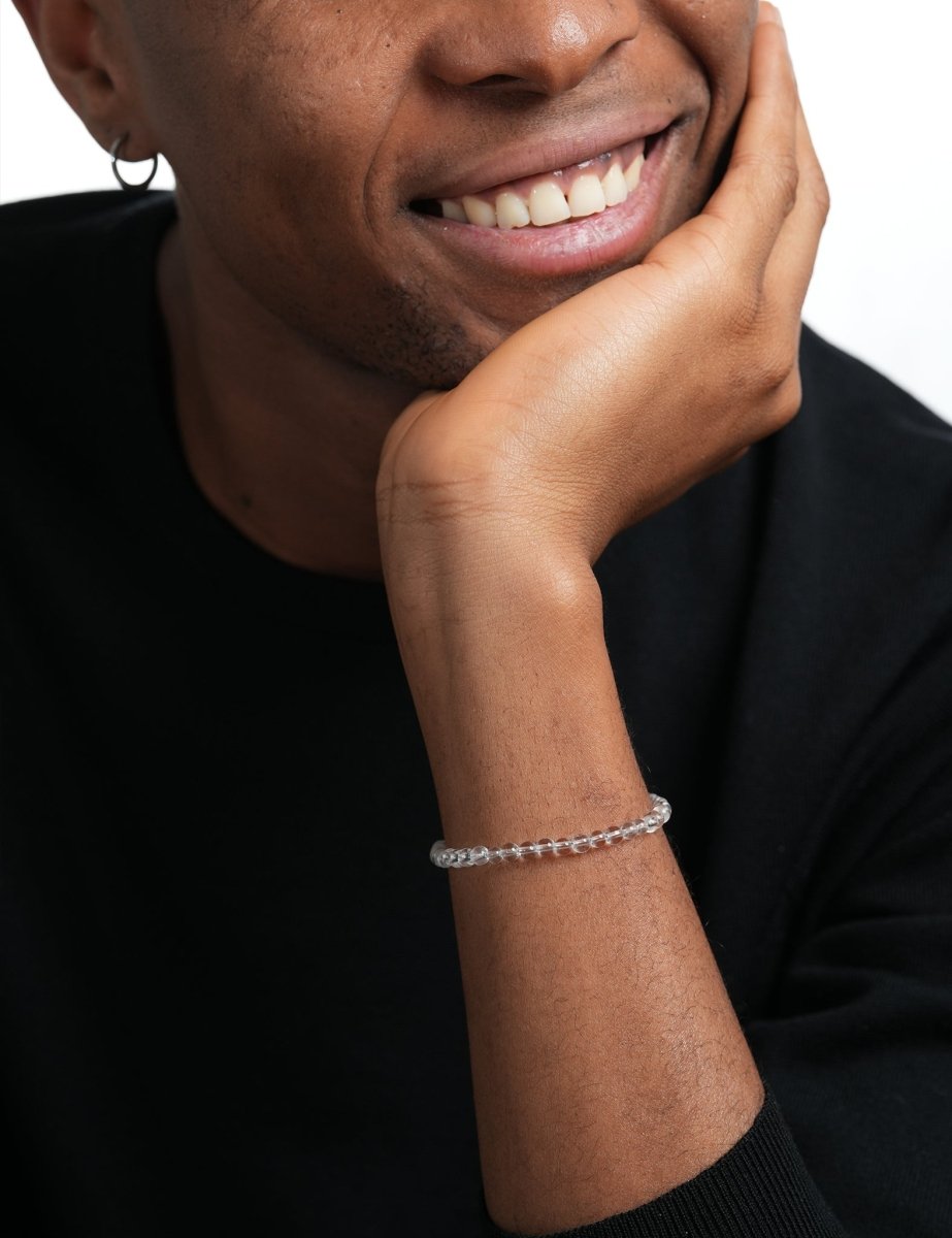 Model wearing BEAMMORE clear quartz beaded bracelet – Elegant birthstone jewelry gift for men