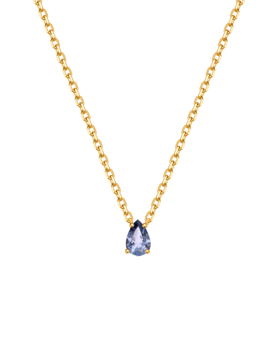 December tanzanite birthstone necklace featuring a pear-cut stone in gold-plated sterling silver chain.