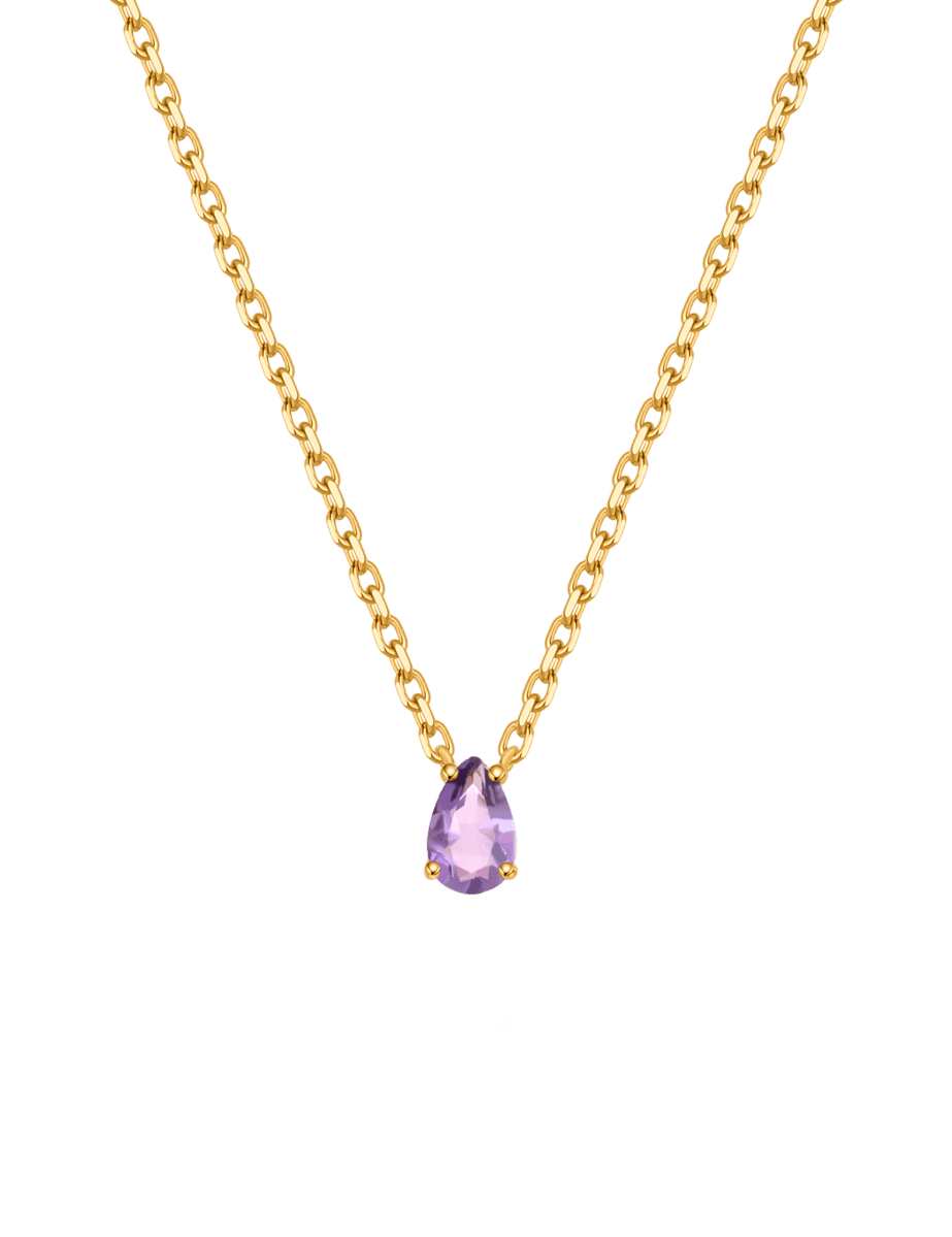 Pear-cut amethyst necklace in gold-plated sterling silver, symbolizing calm and clarity for February birthdays.